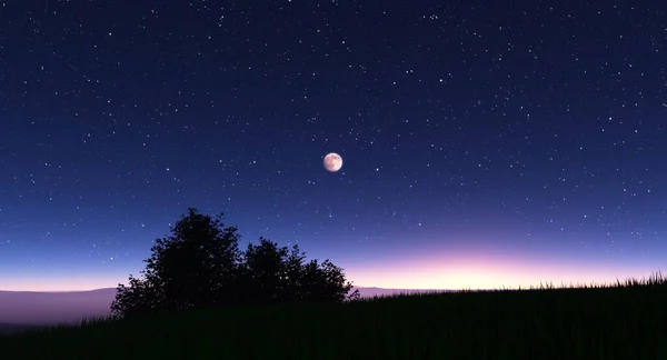 Paesaggio Notturno Con Stelle Luna Piena Illustrazione — Foto Stock