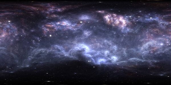 Панорама туманности 360 градусов, равноугольная проекция, карта окружающей среды. HDRI сферическая панорама. Космический фон с туманностью и звездами. 3d иллюстрация