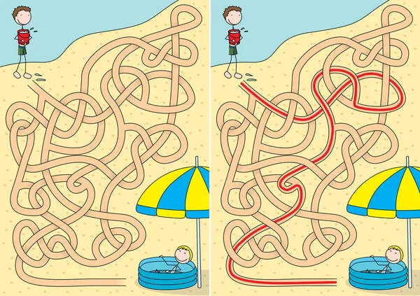 Glada Barn Strand Labyrint För Barn Med Lösning — Stock vektor