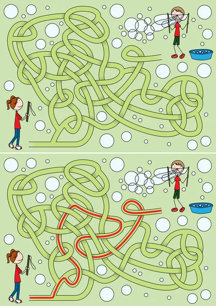 Glückliche Kinder Pusten Seifenblasen Labyrinth Für Kinder Mit Einer Lösung — Stockvektor