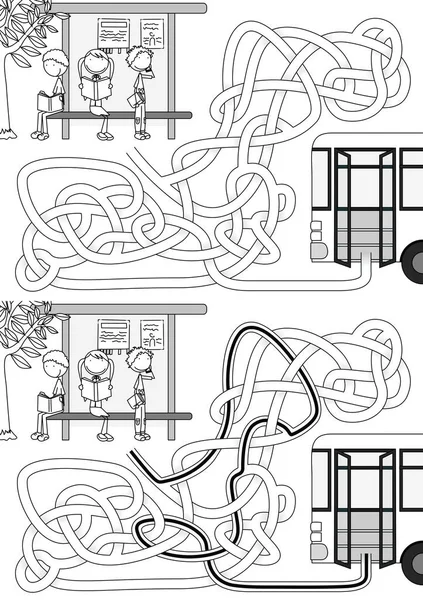 Bushalte Doolhof Voor Kinderen Met Een Oplossing Zwart Wit — Stockvector