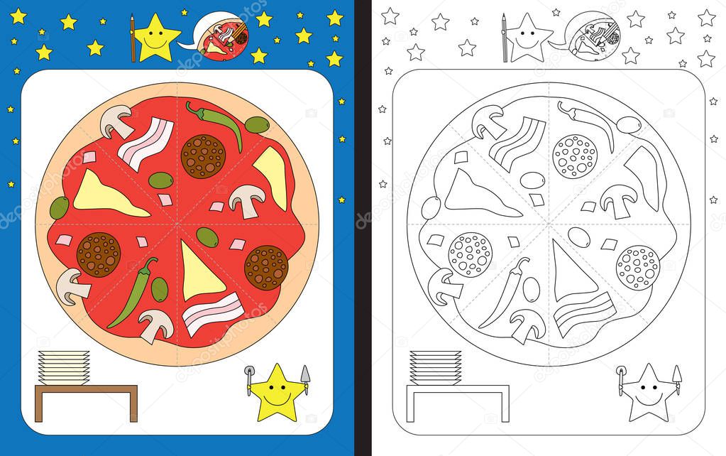 Preschool worksheet for practicing fine motor skills - tracing dashed lines - cut pizza in peaces