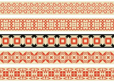 Beş dizi dekoratif sınırları içinde bej, kırmızı ve siyah soyut öğeler yapılmış resimli