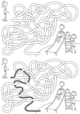 Mutlu çocuklar üzerinde kızak - siyah beyaz bir çözüm ile çocuklar için labirent oyun