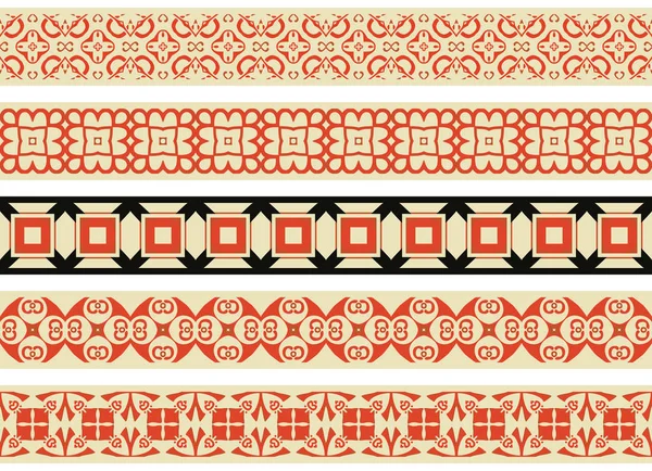 Conjunto Cinco Bordes Decorativos Ilustrados Hechos Elementos Abstractos Beige Rojo — Vector de stock