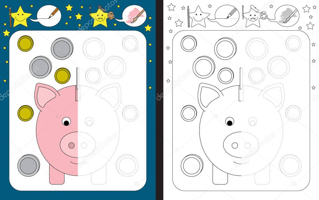Preschool worksheet for practicing fine motor skills - tracing dashed lines - finish the illustration of piggy bank and coins