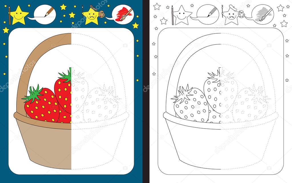 Preschool worksheet for practicing fine motor skills - tracing dashed lines - finish the illustration of strawberries in a basket
