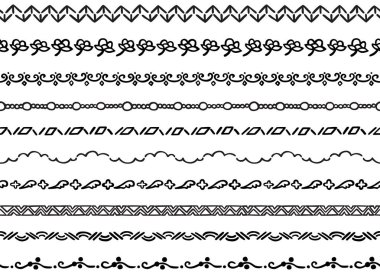 Elle çizilmiş siyah elementlerden yapılmış on resimli dekoratif dikişsiz kenar kümesi