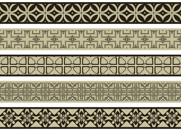 Conjunto Cinco Bordes Decorativos Ilustrados Hechos Elementos Abstractos Beige Negro — Vector de stock