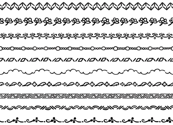 Набор Десяти Иллюстрированных Декоративных Бесшовных Границ Черных Элементов Ручной Работы — стоковый вектор