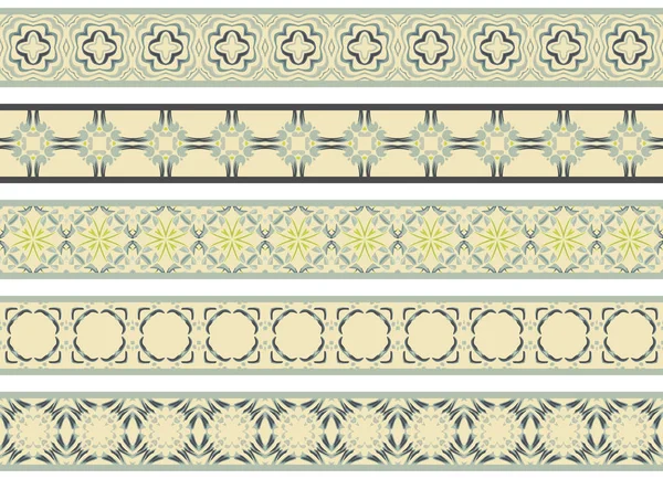 Conjunto Cinco Bordes Decorativos Ilustrados Hechos Elementos Abstractos Beige Verde — Archivo Imágenes Vectoriales