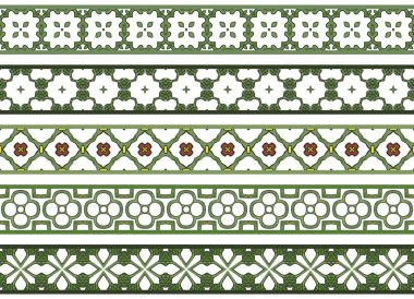 Soyut öğeler beyaz, yeşil, kahverengi ve sarı yapılmış dekoratif sınırları beş dizi resimli