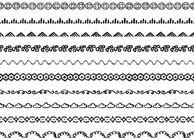 Elle çizilmiş siyah elementlerden yapılmış on resimli dekoratif dikişsiz kenar kümesi