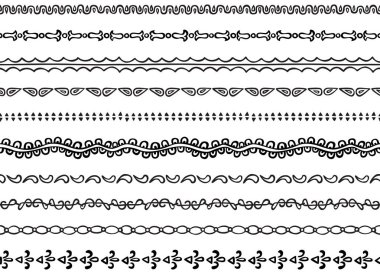 Elle çizilmiş siyah elementlerden yapılmış on resimli dekoratif dikişsiz kenar kümesi