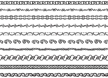 Elle çizilmiş siyah elementlerden yapılmış on resimli dekoratif dikişsiz kenar kümesi
