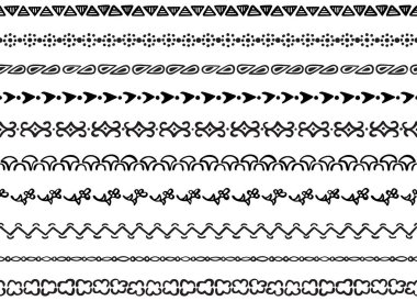 Elle çizilmiş siyah elementlerden yapılmış on resimli dekoratif dikişsiz kenar kümesi