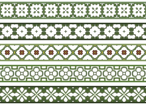 Set Five Illustrated Decorative Borders Made Abstract Elements White Green — Stock Vector