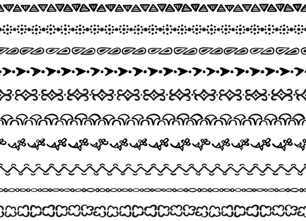 Набор Десяти Иллюстрированных Декоративных Бесшовных Границ Черных Элементов Ручной Работы — стоковый вектор