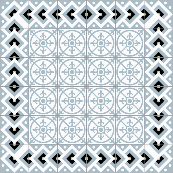 Ilustración Sin Costuras Del Panel Azulejos Decorativos Blanco Azul Negro — Vector de stock