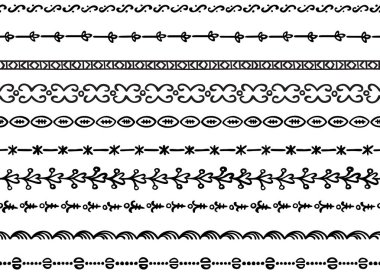 Elle çizilmiş siyah elementlerden yapılmış on resimli dekoratif dikişsiz kenar kümesi