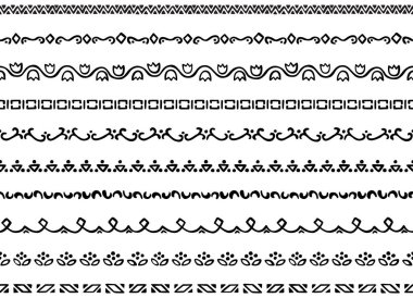 Elle çizilmiş siyah elementlerden yapılmış on resimli dekoratif dikişsiz kenar kümesi