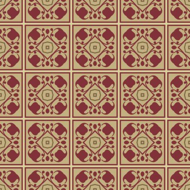 Bej, kahverengi ve koyu kırmızı renkte soyut elementlerden yapılmış kusursuz desenli.