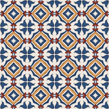 Soyut öğeler bej, kahverengi, sarı ve mavi tonları içinde yapılmış sorunsuz resimli desen