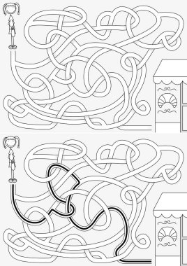 Pastaneye giden mutlu kız. Siyah beyaz çözümü olan çocuklar için labirent.