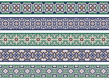 Bej, yeşil, kahverengi ve mavi olmak üzere soyut elementlerden oluşan beş resimli dekoratif kenarlık kümesi