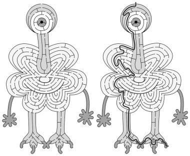 Siyah beyaz çözümü olan çocuklar için küçük canavar labirenti.