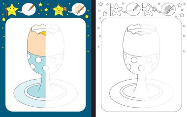 İnce motor becerileri çalışmak için okul öncesi çalışma tablosu - kesik çizgilerin izi - bir tutacağında kaynamış yumurtanın çizimini tamamla