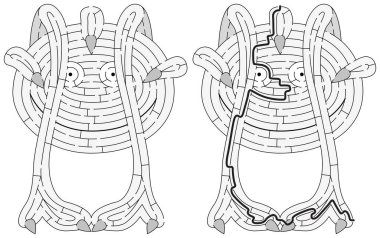 Siyah beyaz çözümü olan çocuklar için küçük canavar labirenti.