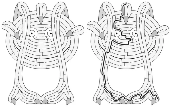 Labirin Monster Kecil Untuk Anak Anak Dengan Solusi Hitam Dan - Stok Vektor
