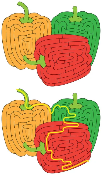 三色甜椒迷宫为更年轻的孩子与解决方案 — 图库矢量图片