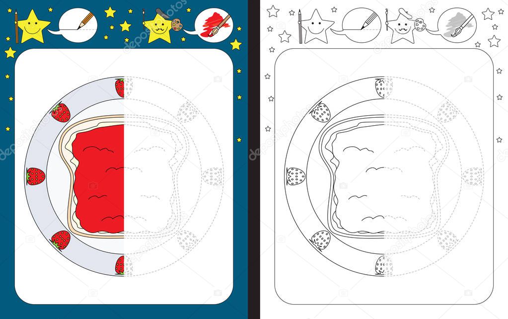 Preschool worksheet for practicing fine motor skills - tracing dashed lines - finish the illustration of slice of bread with butter and jam on a plate