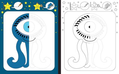 İnce motor becerileri - izleme pratik için okul öncesi çalışma sayfası satırları kesik - mavi küçük canavar, çizim bitirmek