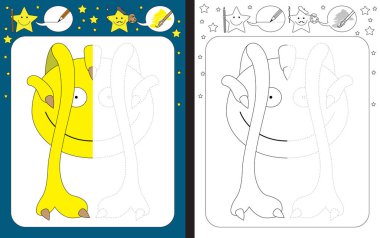 İnce motor becerileri - izleme pratik için okul öncesi çalışma sayfası satırları kesik - sarı küçük canavar, çizim bitirmek