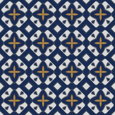 Beyaz, turuncu ve mavi renklerde soyut elementlerden oluşan kusursuz desenli.