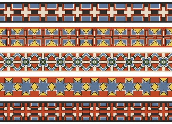 Набір Яти Ілюстрованих Декоративних Кордонів Абстрактних Елементів Бежевому Червоному Синьому — стоковий вектор