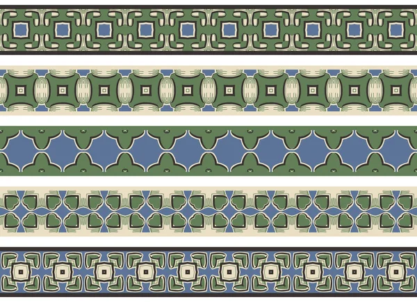Conjunto Cinco Bordes Decorativos Ilustrados Hechos Elementos Abstractos Beige Verde — Vector de stock