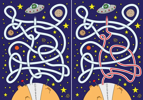 Labirinto Alienígena Para Crianças Com Uma Solução — Vetor de Stock