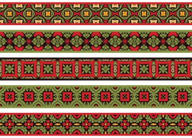 Turuncu, kırmızı, yeşil ve siyah olmak üzere soyut elementlerden oluşan beş resimli dekoratif kenarlık kümesi