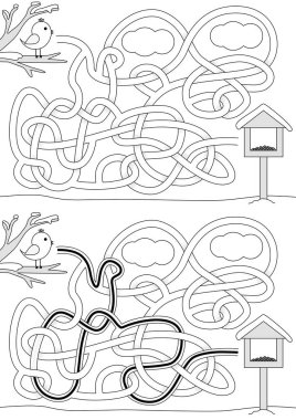 Siyah beyaz çözümü olan çocuklar için küçük kuş kışın labirentinde