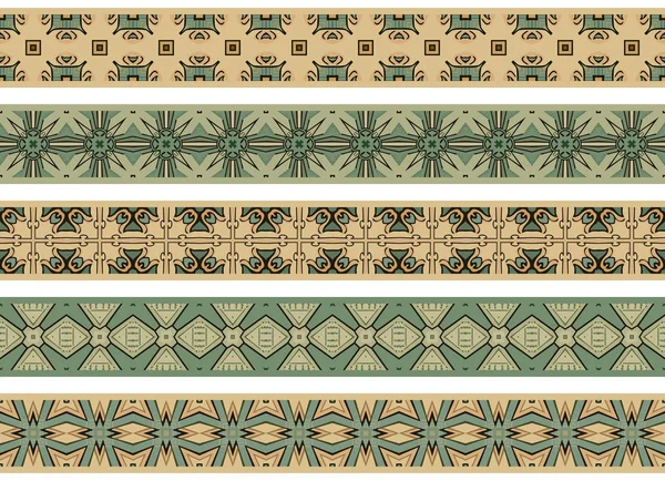Conjunto Cinco Bordes Decorativos Ilustrados Hechos Elementos Abstractos Beige Verde — Archivo Imágenes Vectoriales