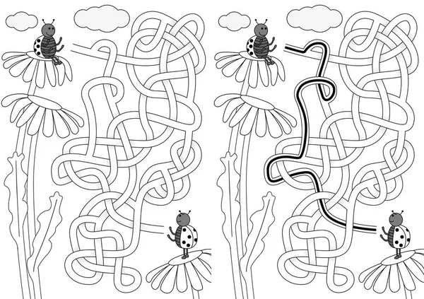 Nyckelpiga Labyrint För Barn Med Lösning Svart Och Vitt — Stock vektor