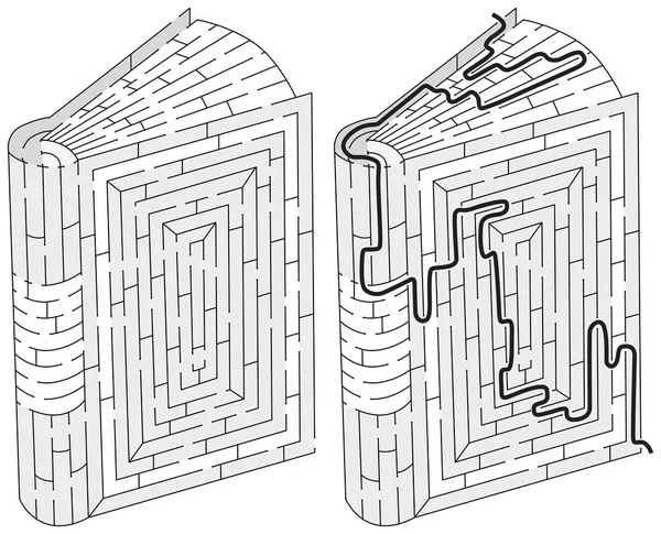 Boek Doolhof Voor Kinderen Met Een Oplossing Zwart Wit — Stockvector