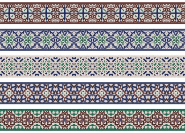 Dekoratif Kenarlıklar'ndaki bej, yeşil, mavi, kahverengi soyut öğelerin yapılan beş dizi resimli