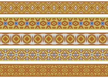 Beş dizi dekoratif sınırları bej, sarı, turuncu, kahverengi ve mavi soyut öğeler yapılmış resimli