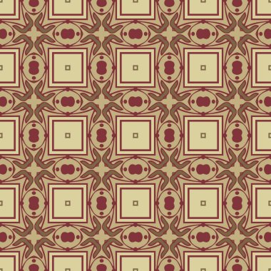 Bej, kahverengi ve koyu kırmızı renkte soyut elementlerden yapılmış kusursuz desenli.