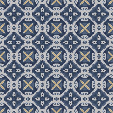 Beyaz, sarı ve mavi renkli soyut elementlerden oluşan kusursuz çizilmiş desen